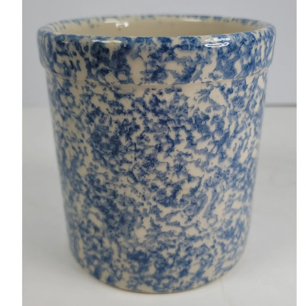 Blue Spongeware Stoneware Crocks Set of 2 Zanesville Ohio Pottery Farmhouse